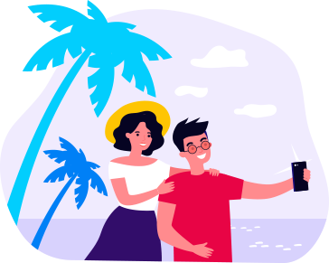 An illustration of a couple on vacation with a palm tree in the background. 