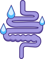 Fluid absorption icon:An icon of pipe-shaped intestines with a blockage and water droplets slipping past to represent fluid absorption.