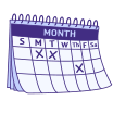 Few BM icon: A blank monthly calendar with three days marked by 'X's' to represent fewer than three bowel movements in one week. 