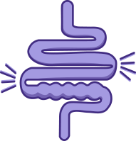 An icon of pipe-shaped intestines with a blockage appearing to contract due to muscle contractions.