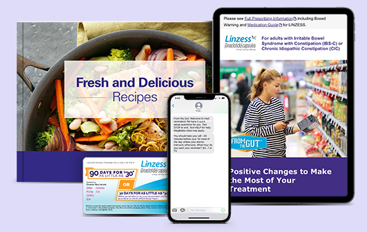 A recipe book, savings card, phone with SMS medication reminders, and a tablet open to LINZESS.com. 