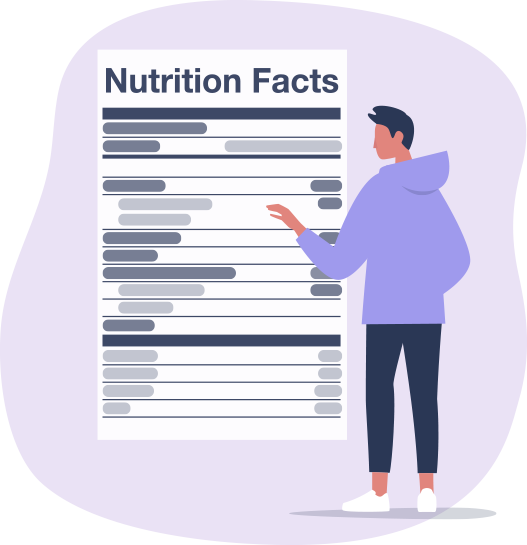 An illustration of a person reading the nutrition facts label of a packaged food product. 