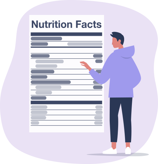 An illustration of a person reading the nutrition facts label of a packaged food product.