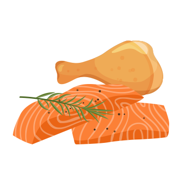 A chicken leg and fish.