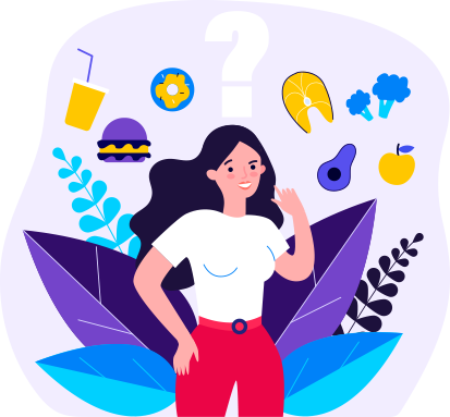 An illustration of a woman thinking about healthy food options.