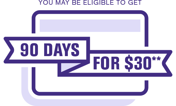 Icon of a blank credit card with a ribbon banner that displays the LINZESS Savings Program, 90 DAYS FOR 30 dollars.